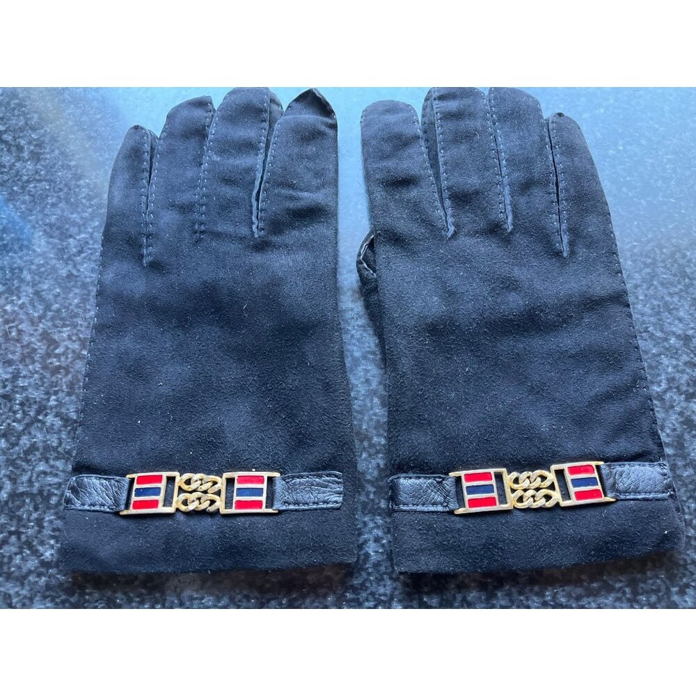 Vtg Men's Luxury Navy Blue Leather Gloves With Metal Embellishment Made In Italy